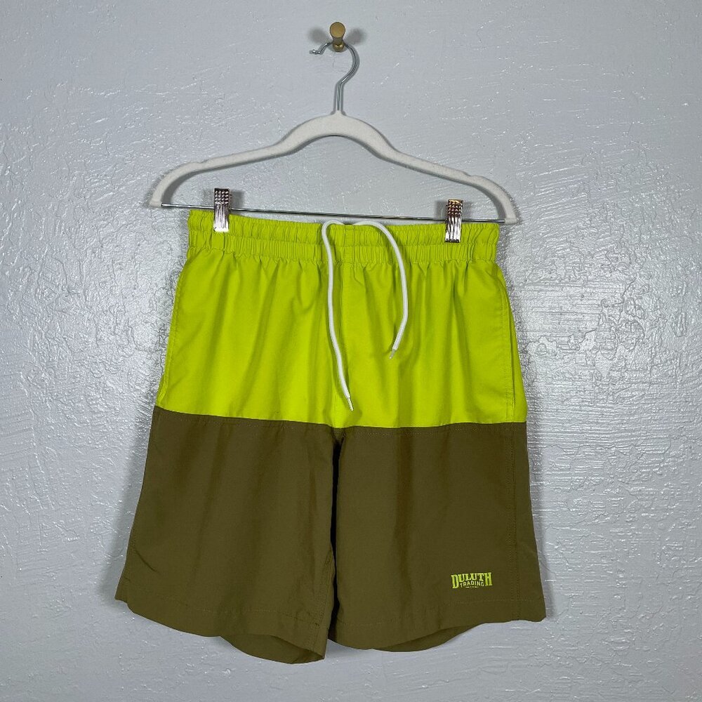 Duluth Trading Men M Green Colorblock Pier Genius Swim Trunks Shorts 9" Inseam